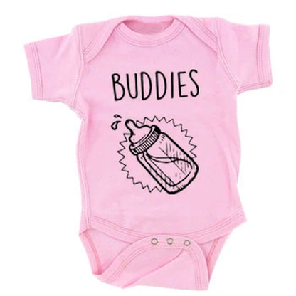 Summer New Twins Baby Girls Boys Rompers Short Sleeve Print Letter Drinking Buddies Newborn Baby Clothes Jumpsuit Black