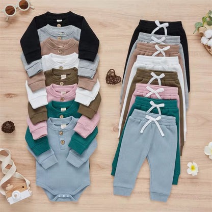 Solid Color Newborn Baby Knitted Warm 2Pcs Suit Toddler Girl Boy Long Sleeve Romper Tops Pants Fall Winter Homewear 2021