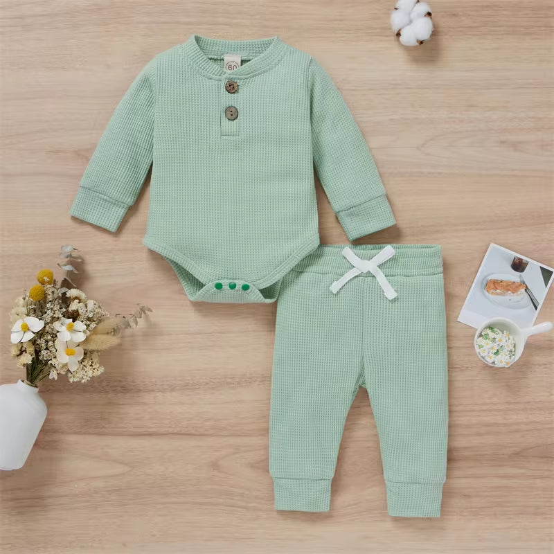 Solid Color Newborn Baby Knitted Warm 2Pcs Suit Toddler Girl Boy Long Sleeve Romper Tops Pants Fall Winter Homewear 2021