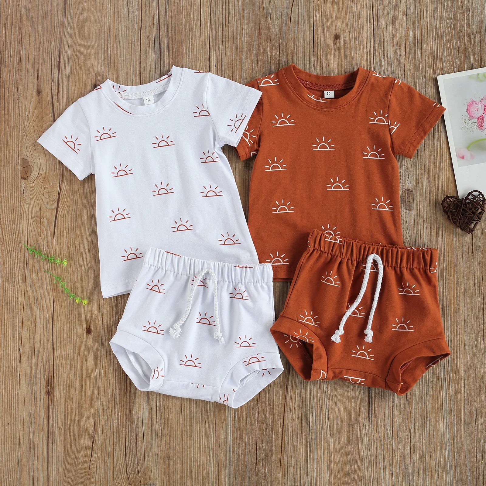 Newborn Infant Baby 2Pcs Summer Outfit Casual Set Short Sleeve Sun Print Tops+Shorts Set for Kids Boys Girls Home Wear