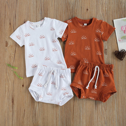 Newborn Infant Baby 2Pcs Summer Outfit Casual Set Short Sleeve Sun Print Tops+Shorts Set for Kids Boys Girls Home Wear