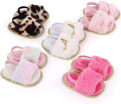 Newborn Infant Baby Plush Slippers Unisex Toddler Soft Sole Faux Fur Prewalker Sandals with Elastic Back Strap