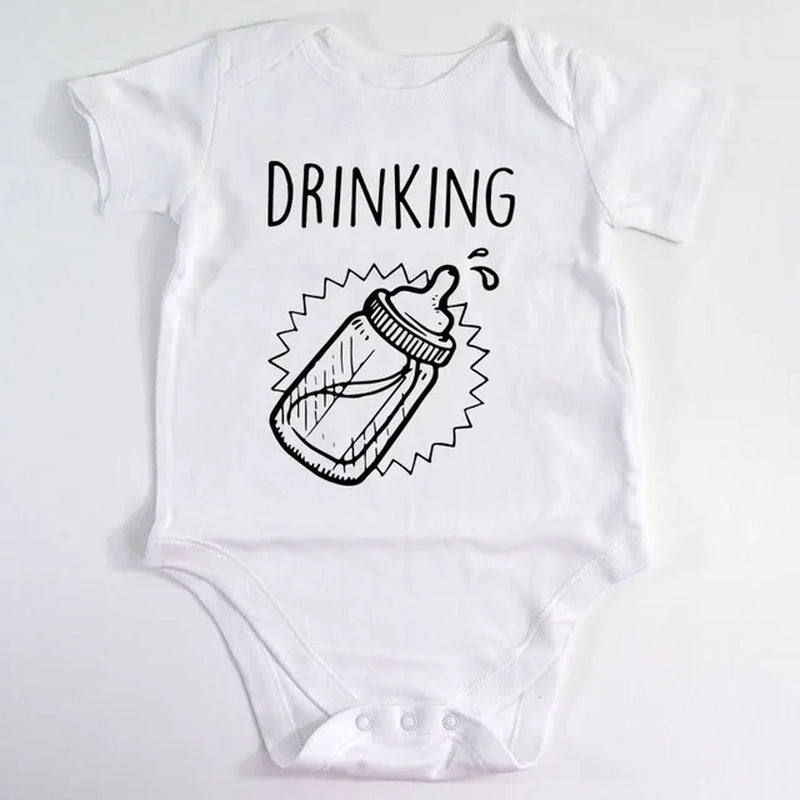 Summer New Twins Baby Girls Boys Rompers Short Sleeve Print Letter Drinking Buddies Newborn Baby Clothes Jumpsuit Black