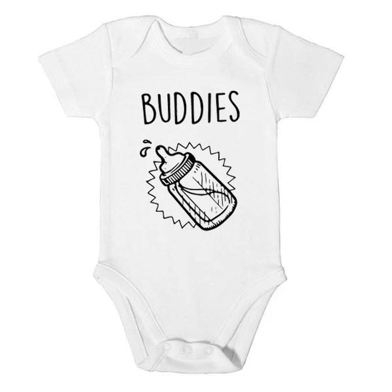 Summer New Twins Baby Girls Boys Rompers Short Sleeve Print Letter Drinking Buddies Newborn Baby Clothes Jumpsuit Black