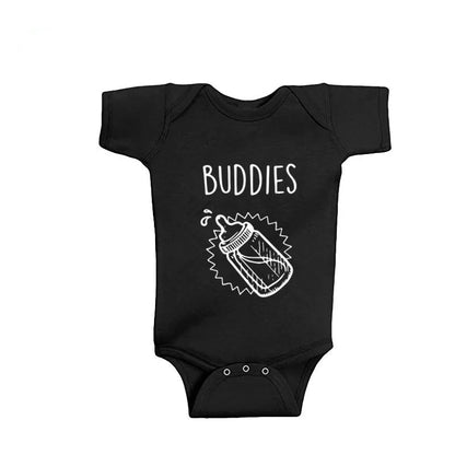 Summer New Twins Baby Girls Boys Rompers Short Sleeve Print Letter Drinking Buddies Newborn Baby Clothes Jumpsuit Black