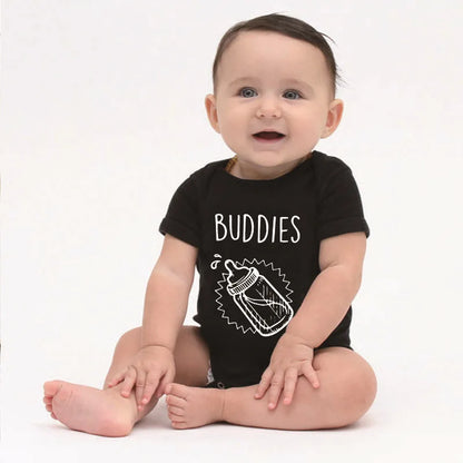 Summer New Twins Baby Girls Boys Rompers Short Sleeve Print Letter Drinking Buddies Newborn Baby Clothes Jumpsuit Black