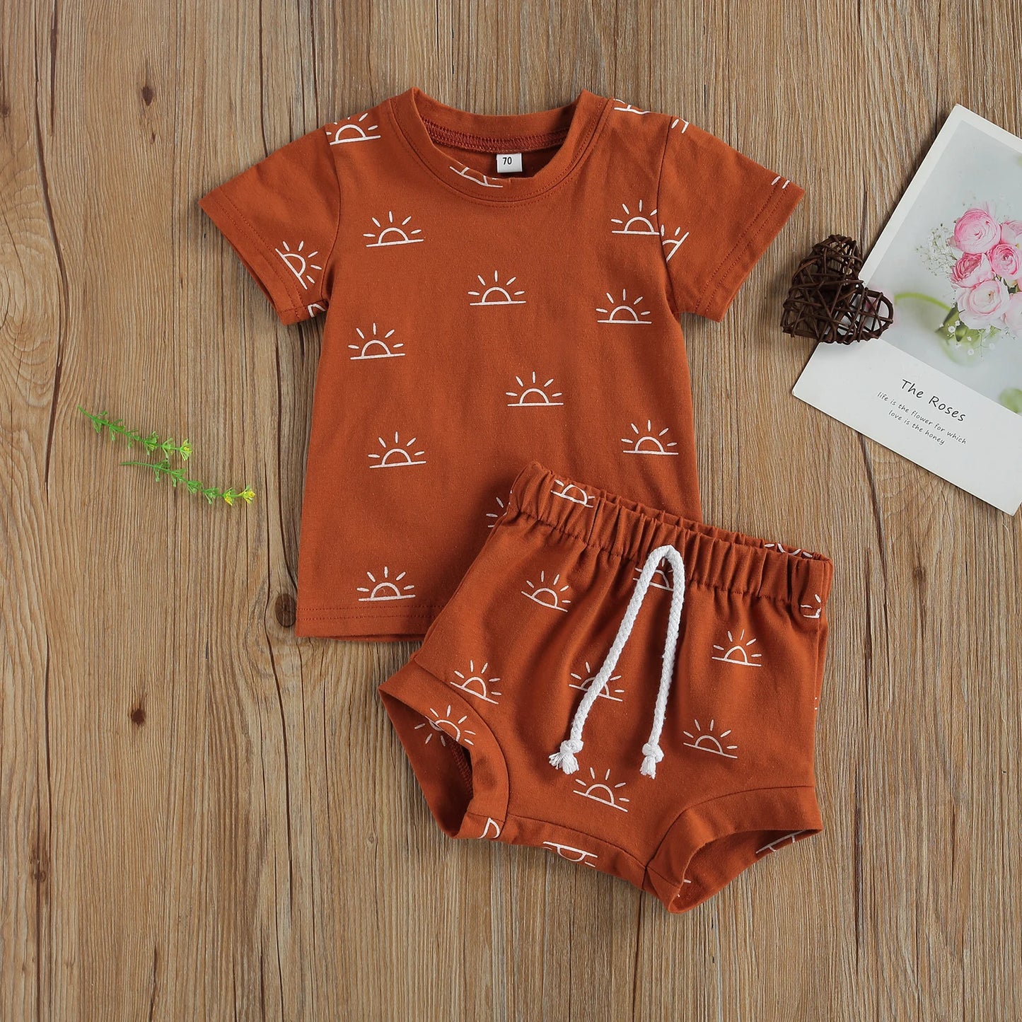 Newborn Infant Baby 2Pcs Summer Outfit Casual Set Short Sleeve Sun Print Tops+Shorts Set for Kids Boys Girls Home Wear