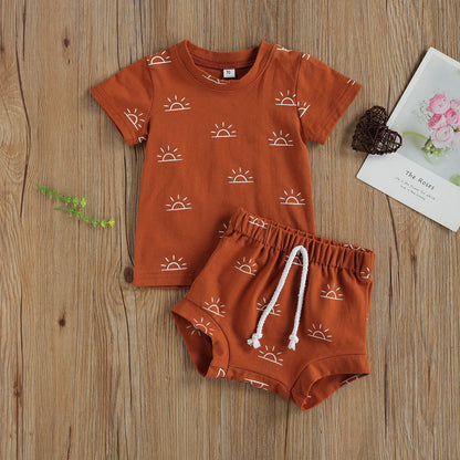 Newborn Infant Baby 2Pcs Summer Outfit Casual Set Short Sleeve Sun Print Tops+Shorts Set for Kids Boys Girls Home Wear